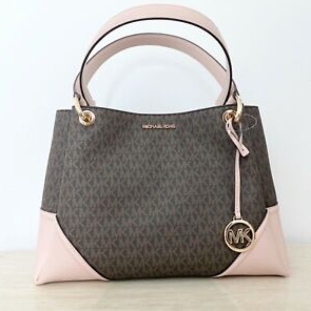 Michael Kors Brown Signature Blossom Pink Nicole Large Shoulder Bag